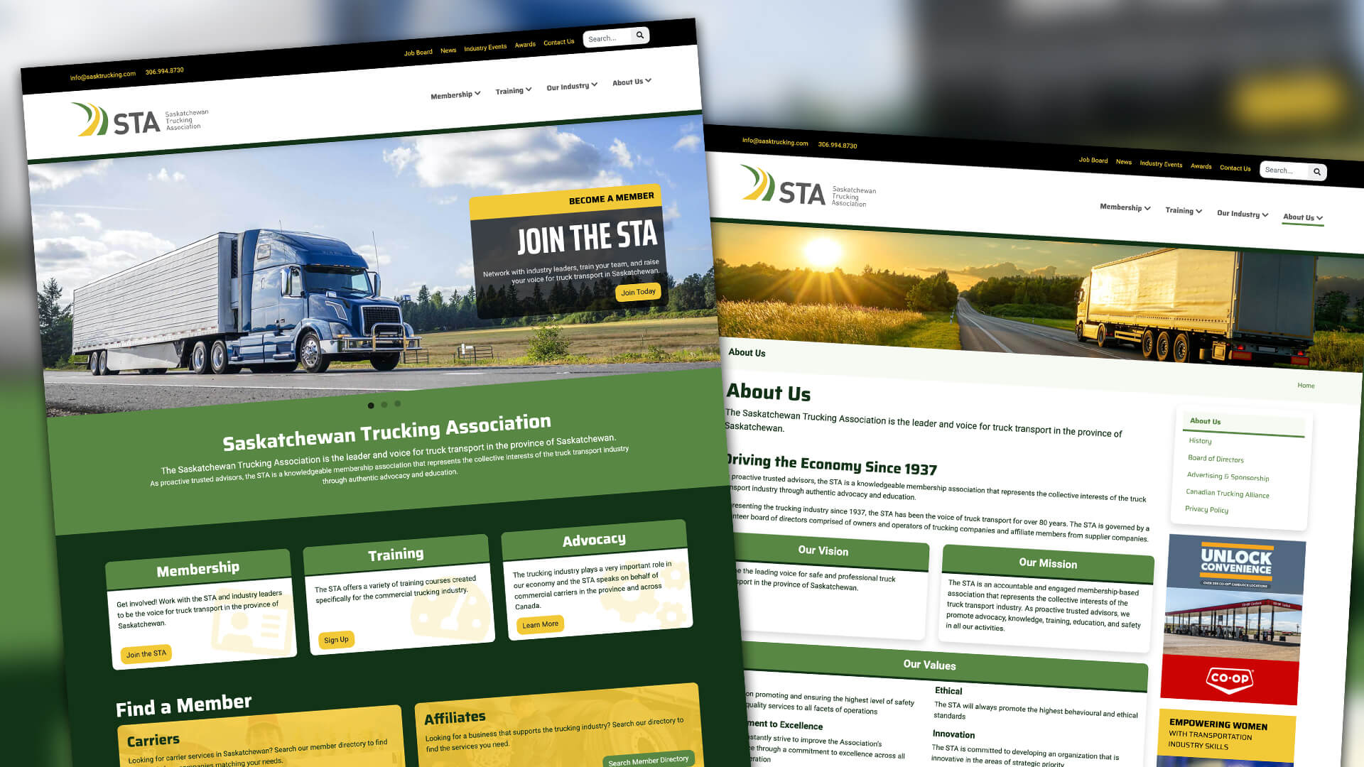 Saskatchewan Trucking Association, Website, A Platform Built to Haul, Portfolio Image, Home, About content pages