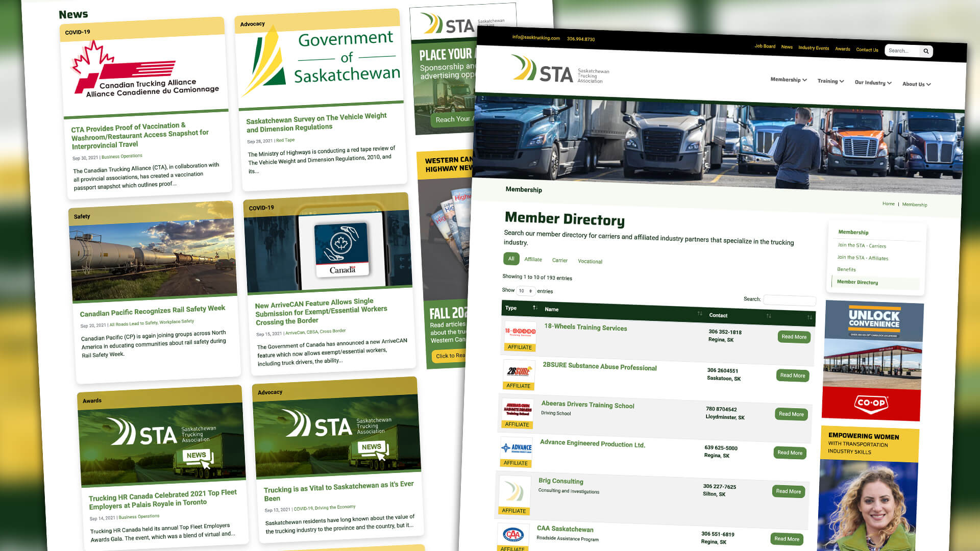 Saskatchewan Trucking Association, Website, A Platform Built to Haul, Portfolio Image, Member Directory, News